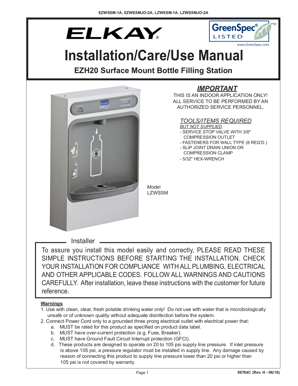 Elkay EZH20 Installation Manual