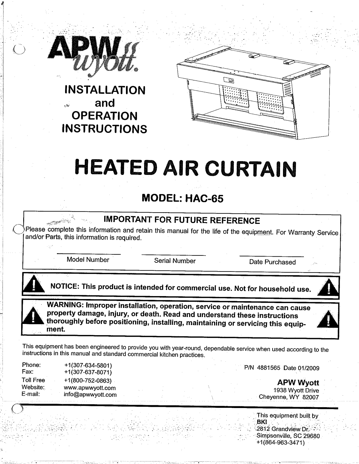 Wyott HAC-65 Installation Manual