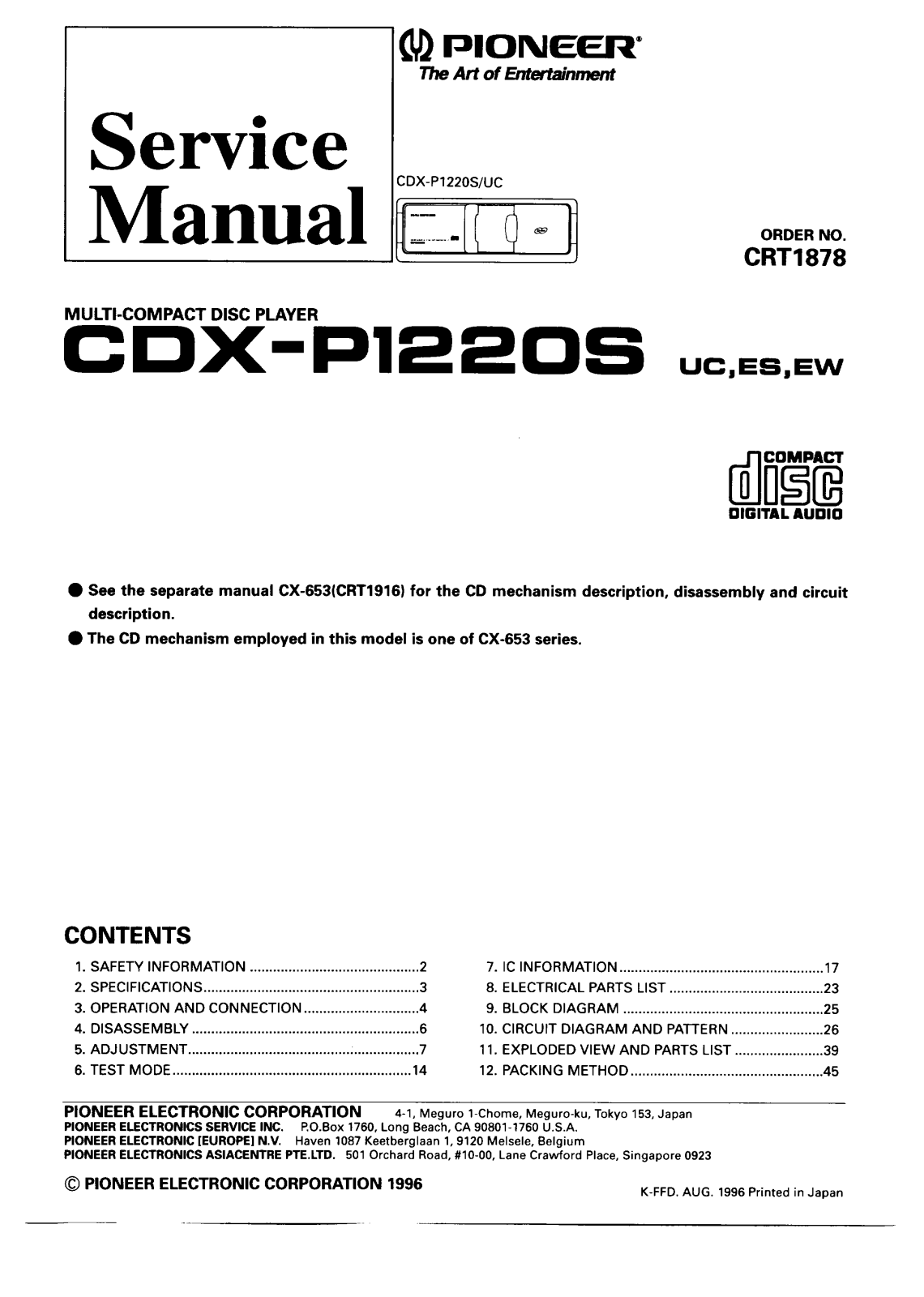PIONEER CDX-P1220S UC ES EW Service Manual