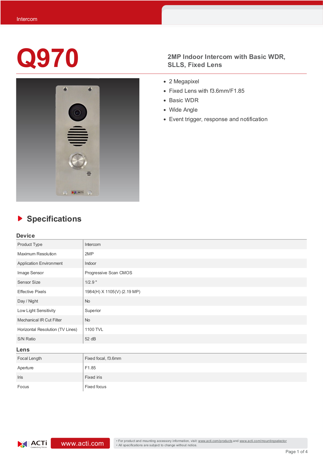 ACTi Q970 Specsheet