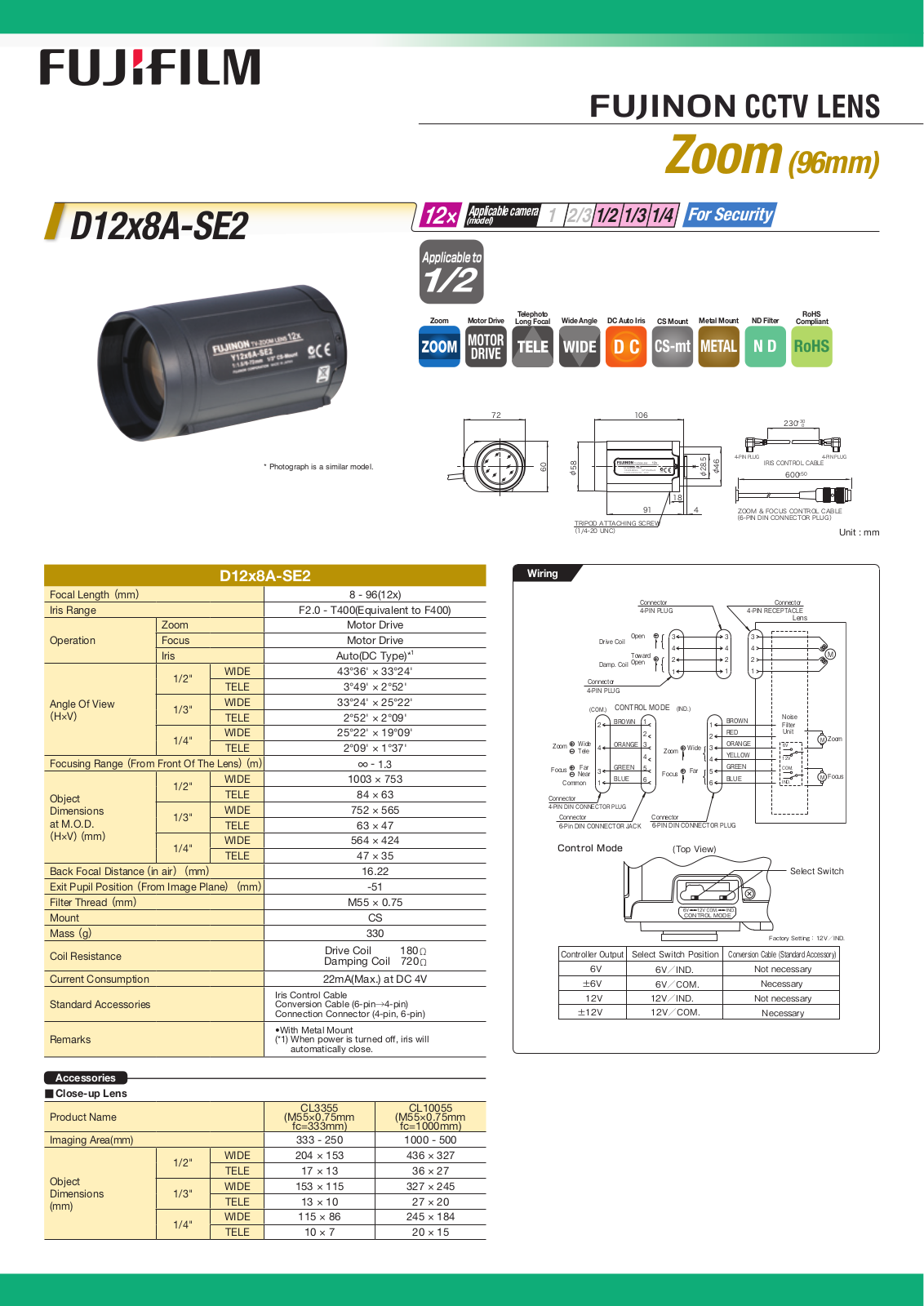 Fujinon D12x8A-SE2 Specsheet