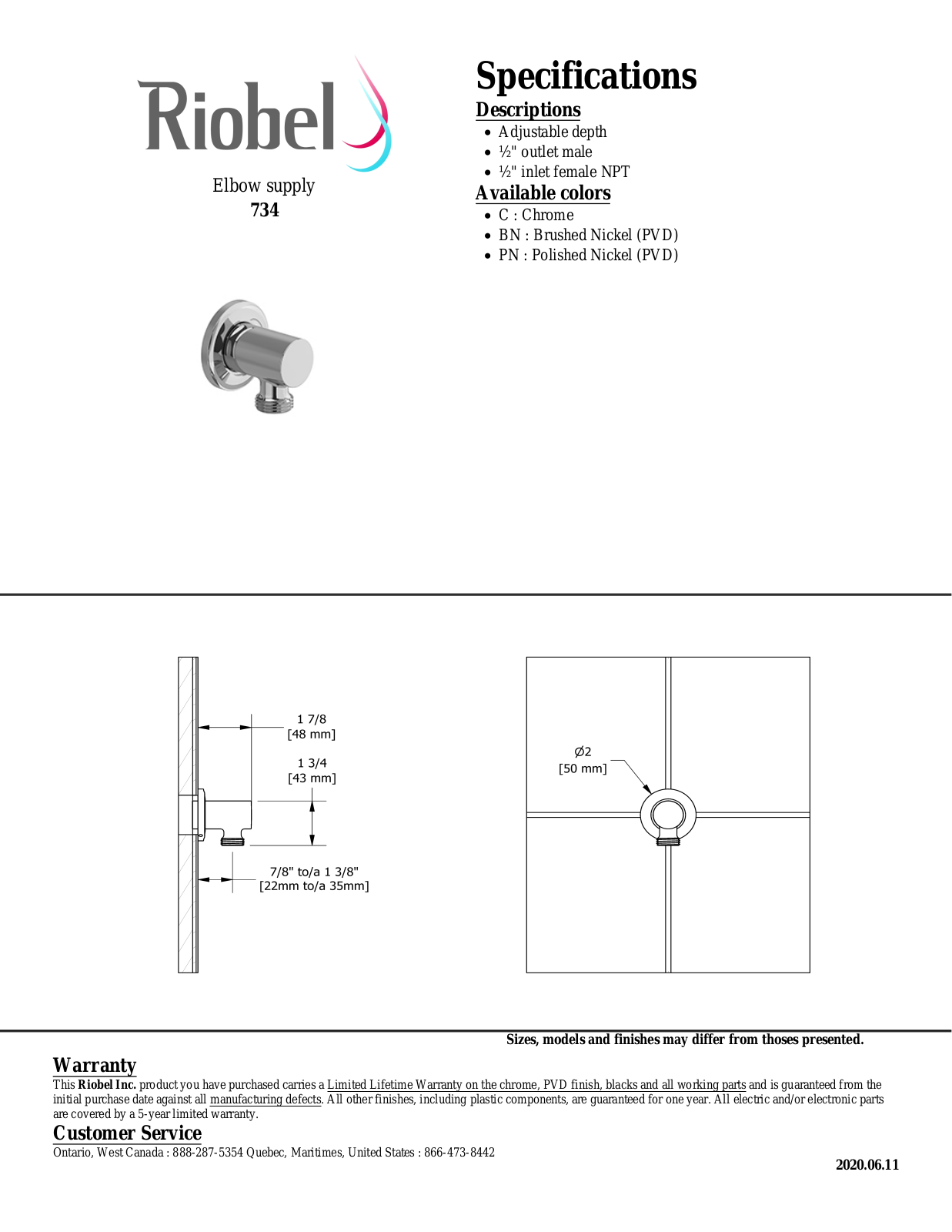 Riobel 734C, 734BK, 734BG, 734BN Specifications - ManualMachine.com