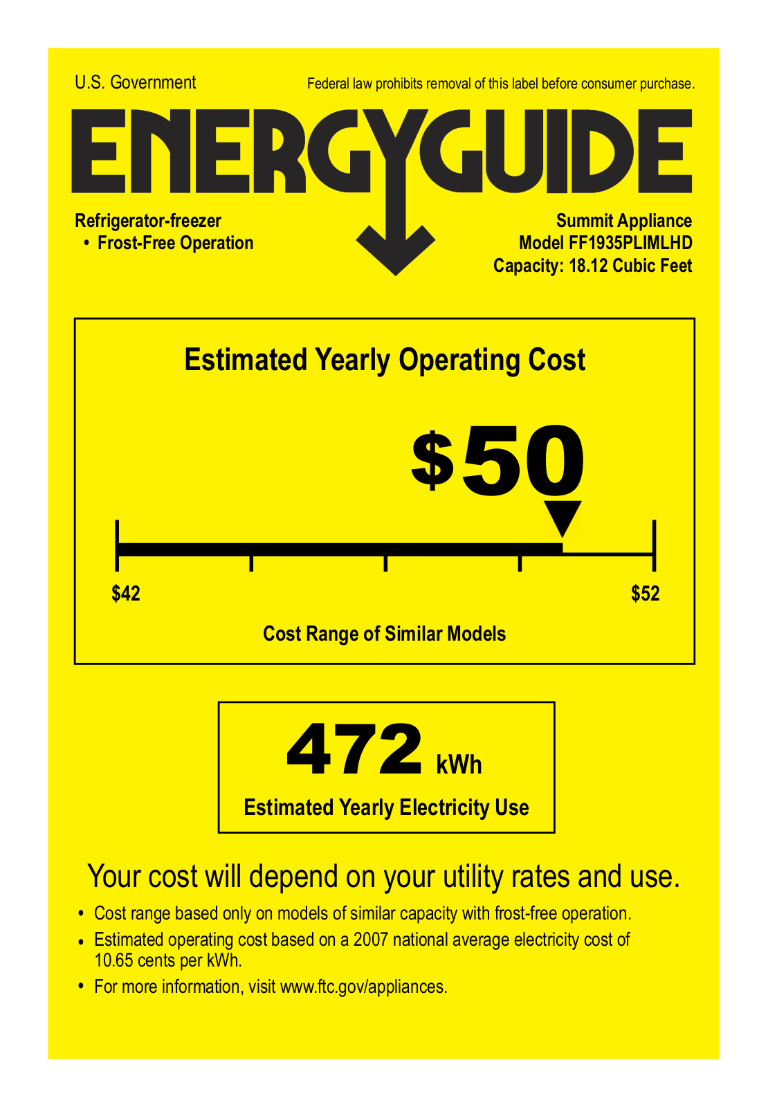 Summit FF1935PL Energy Guide