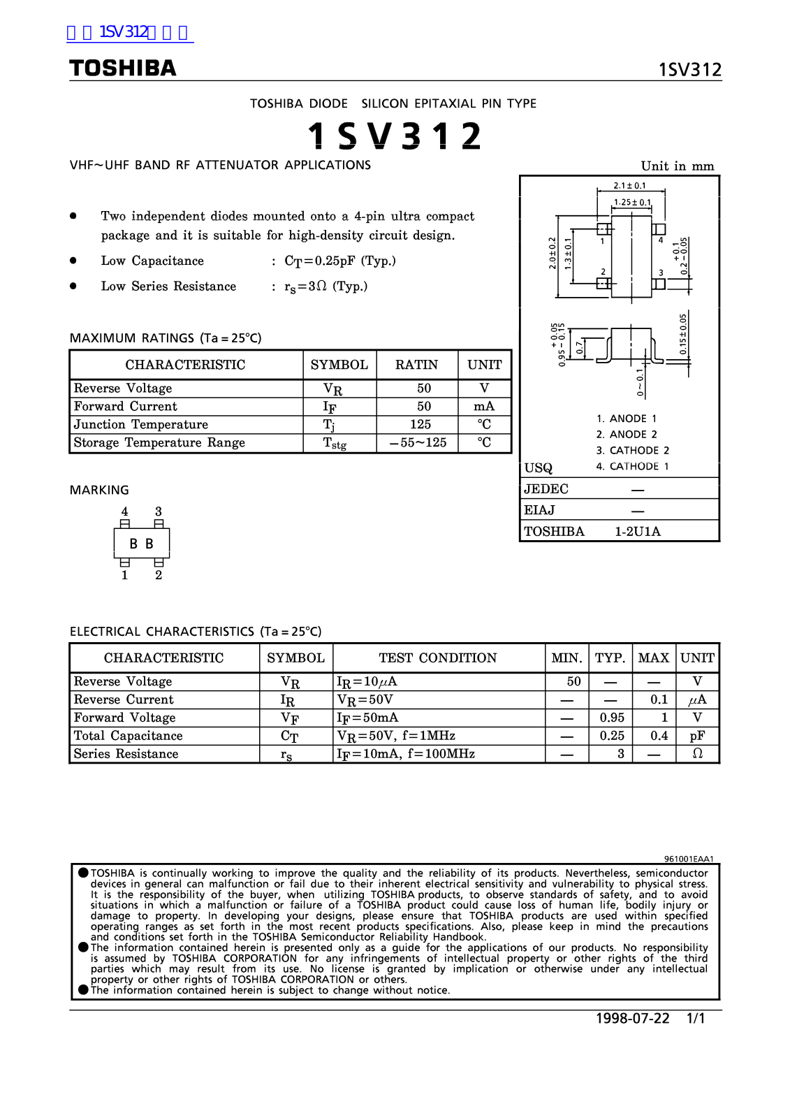 TOSHIBA 1SV312 Technical data