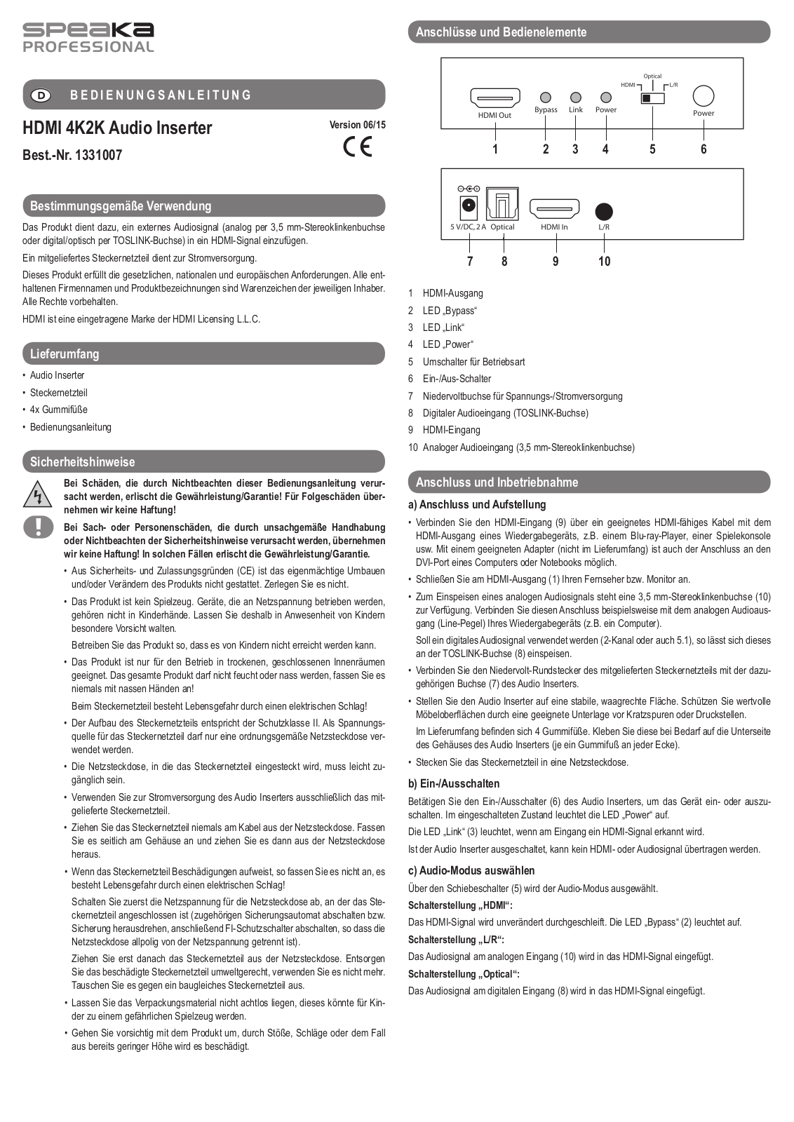 SpeaKa Professional 29009C45 Instructions