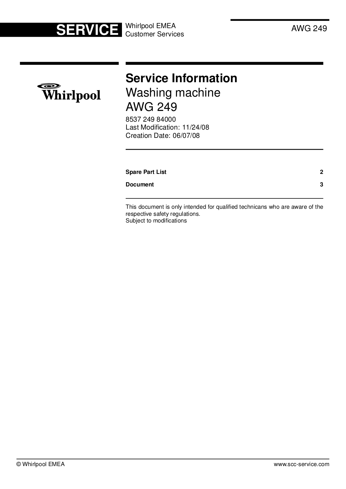 Whirpool AWG 249 Technical documentation