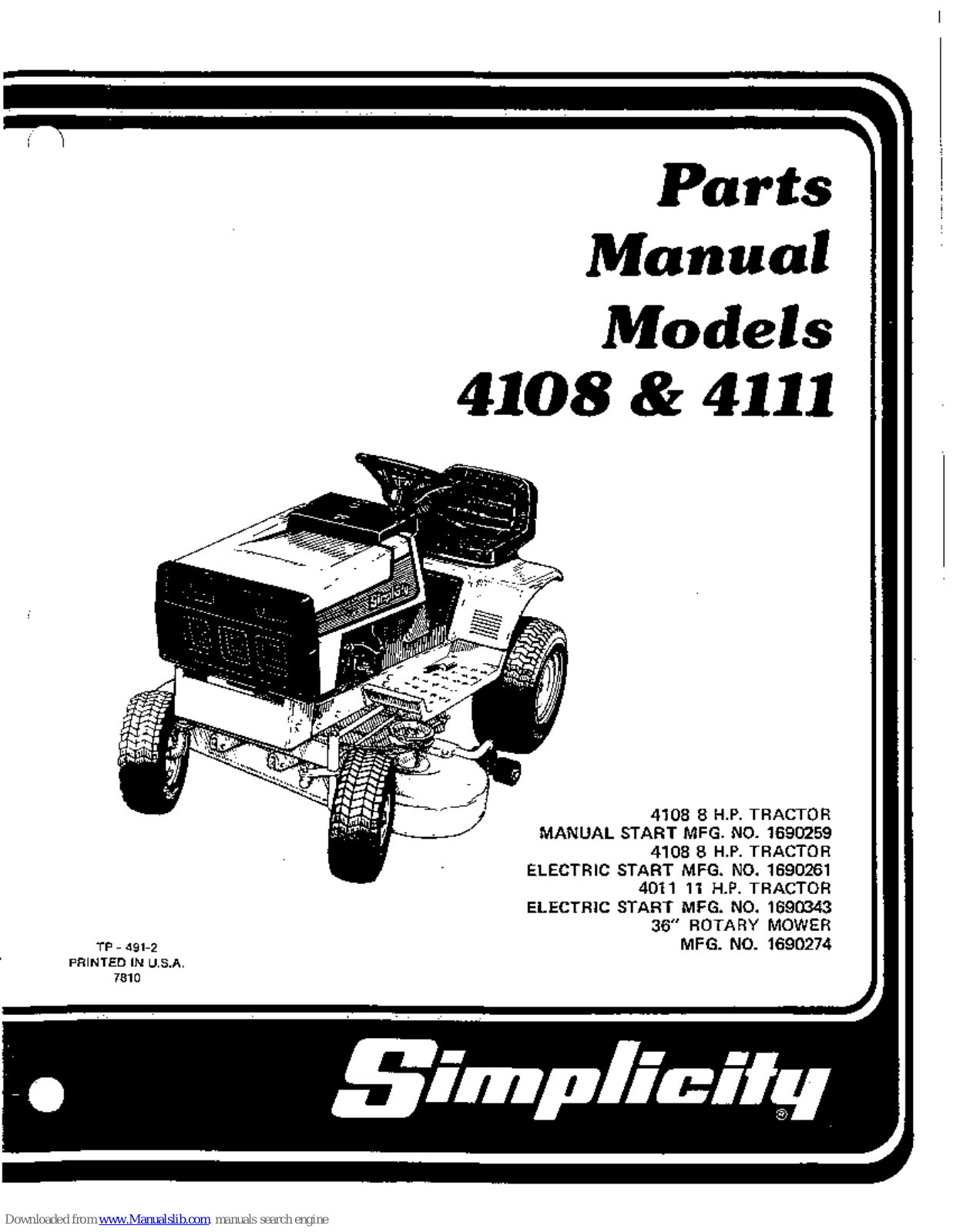 Simplicity 4108 MS, 4108 ES, 4108 Parts Manual