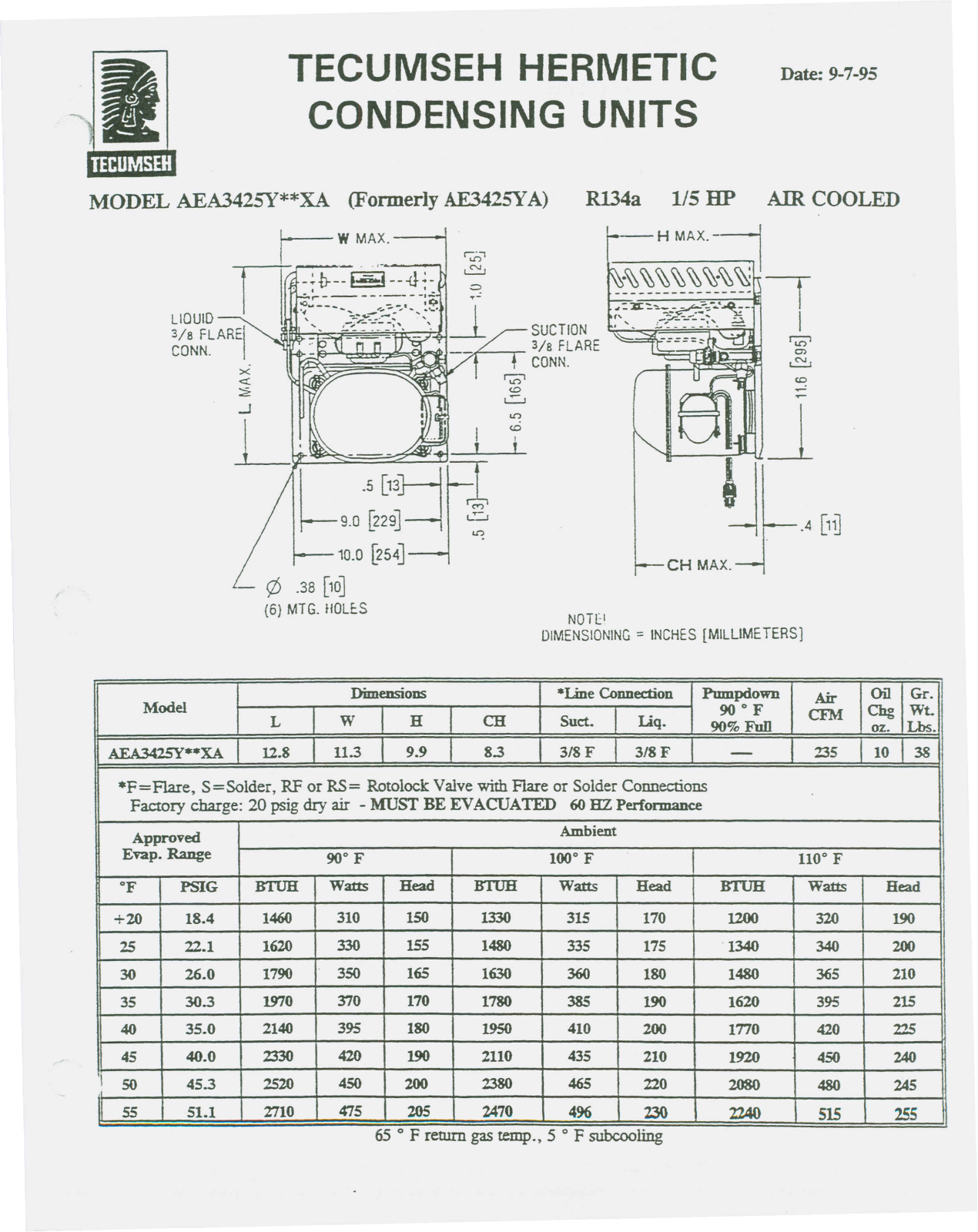 Tecumseh AEA3425YXCXA Performance Data Sheet