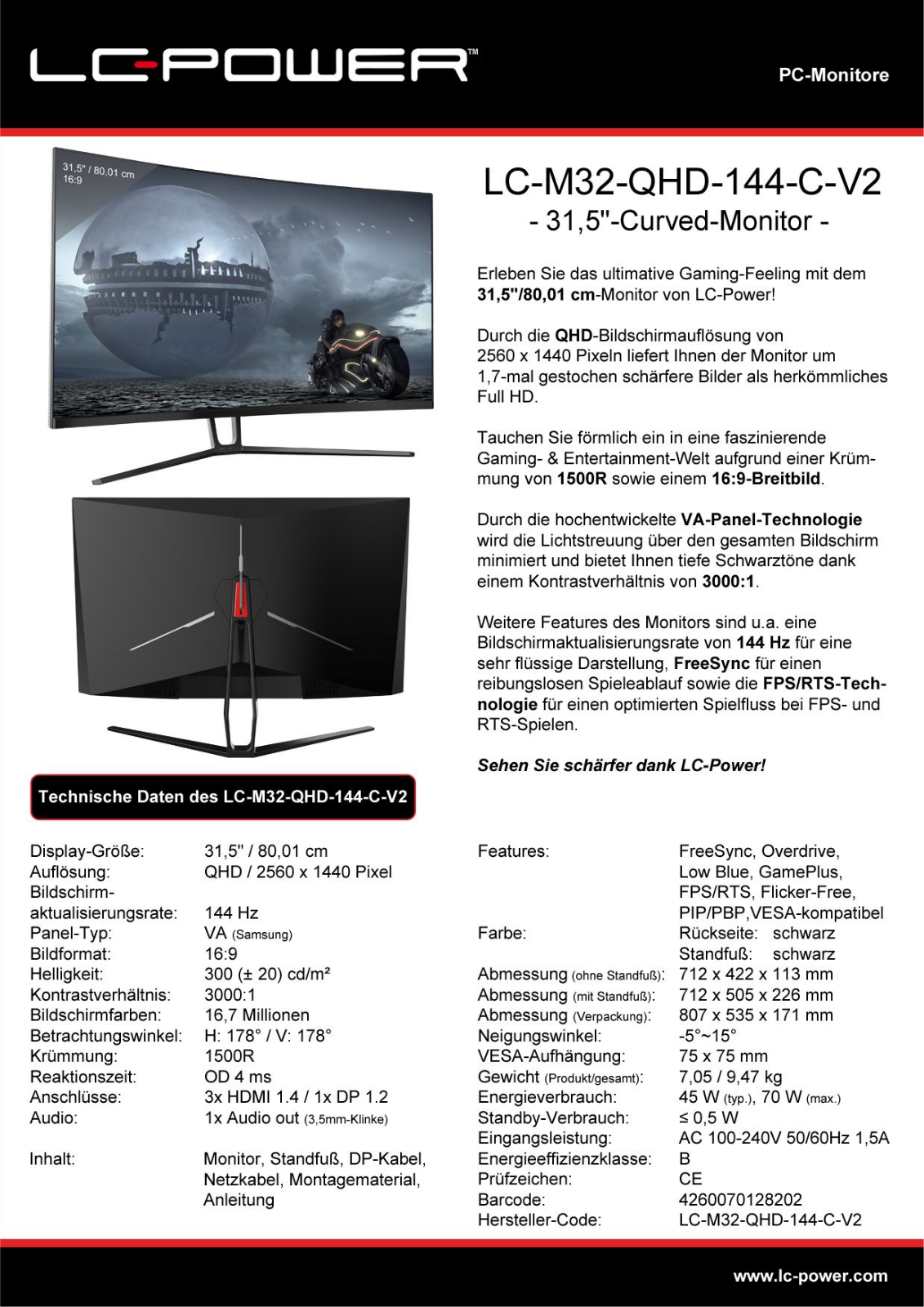 LC-Power LC-M32-QHD-144-C-V2 Technical data