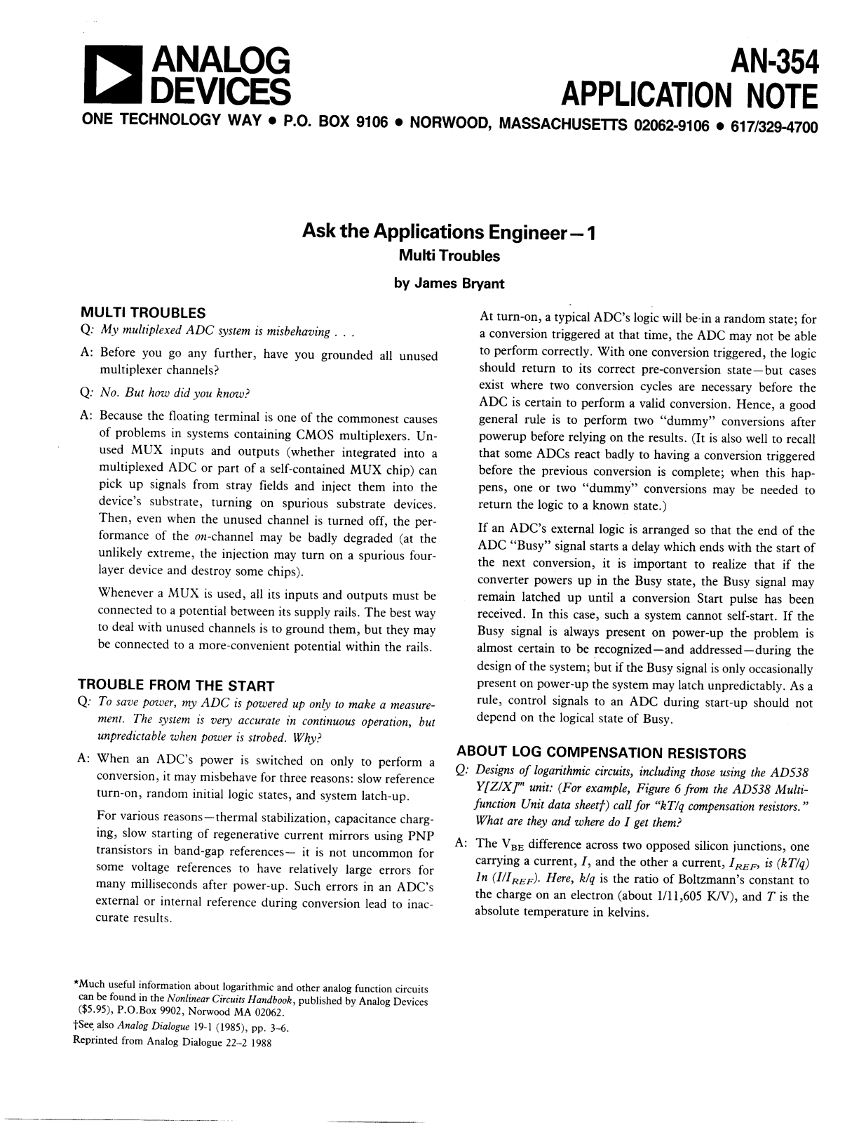 Analog Devices AN354 Application Notes