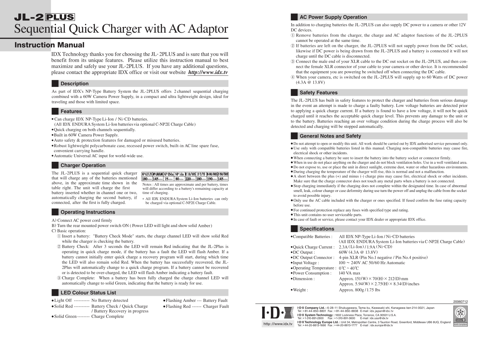 IDX Technology JL-2PLUS Operation Guide