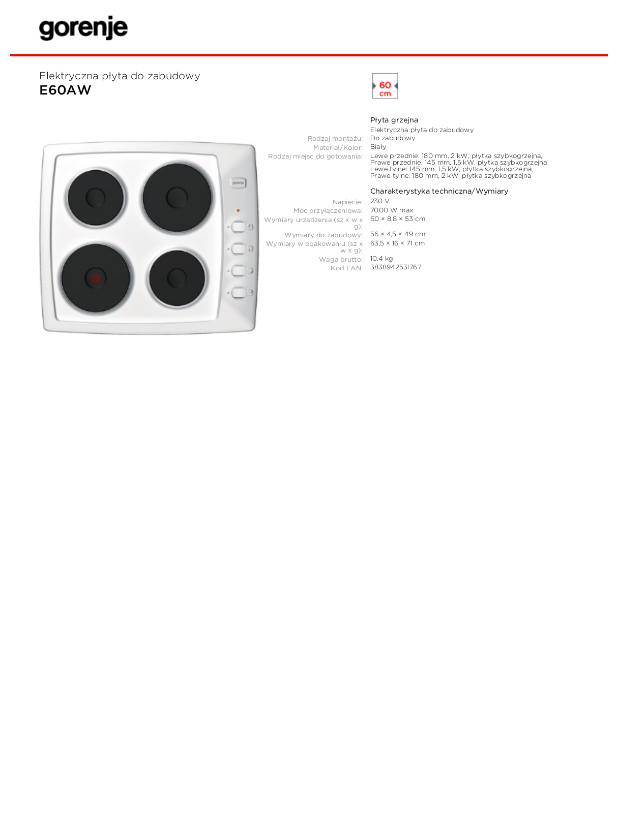 Gorenje E60AW DATASHEET