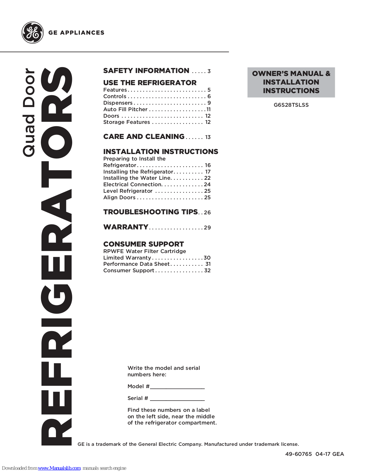 GE G6S28TSLSS Owner's Manual