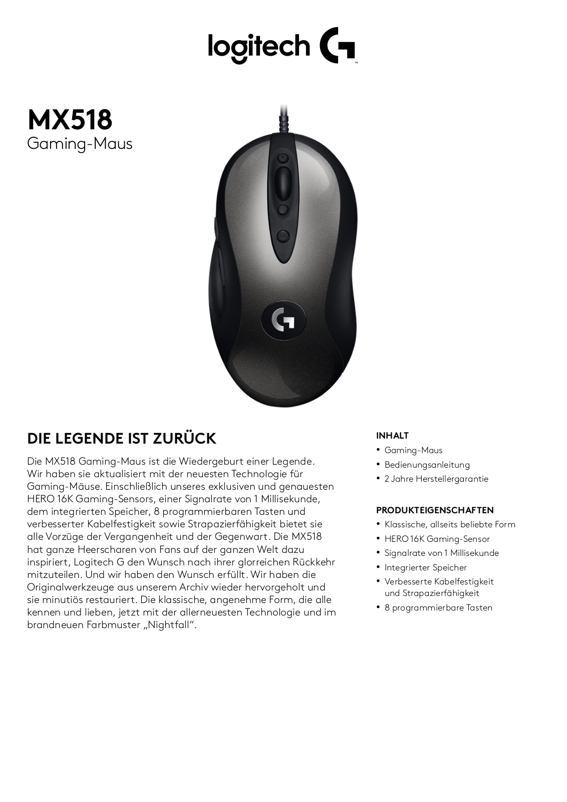 Logitech MX518 Technical data