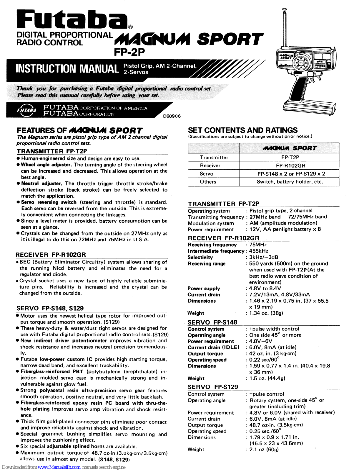 FUTABA Magnum Sport FP-2P, Magnum Sport FP-T2P, Magnum Sport FP-R102GR, Magnum Sport FP-S148, Magnum Sport FP-S129 Instruction Manual