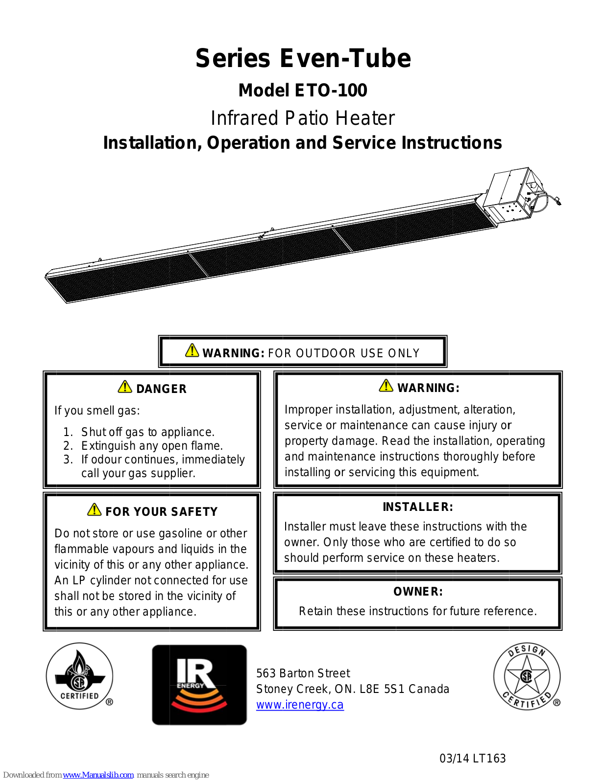 IR Energy ETO-100 Series Even-Tube Installation, Operation And Service Instructions