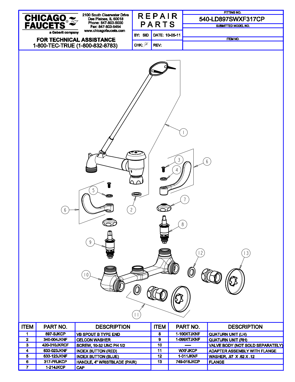 Chicago Faucet 540-LD897SWXF317CP Parts List