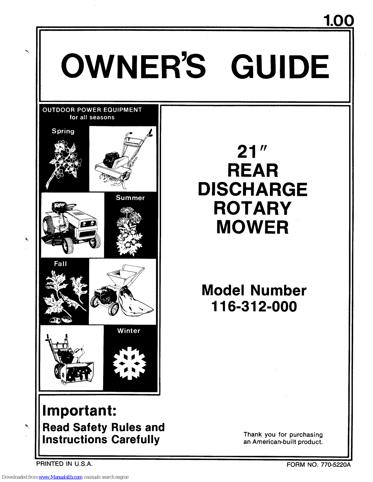 MTD 116-312-000, 312 Owner's Manual