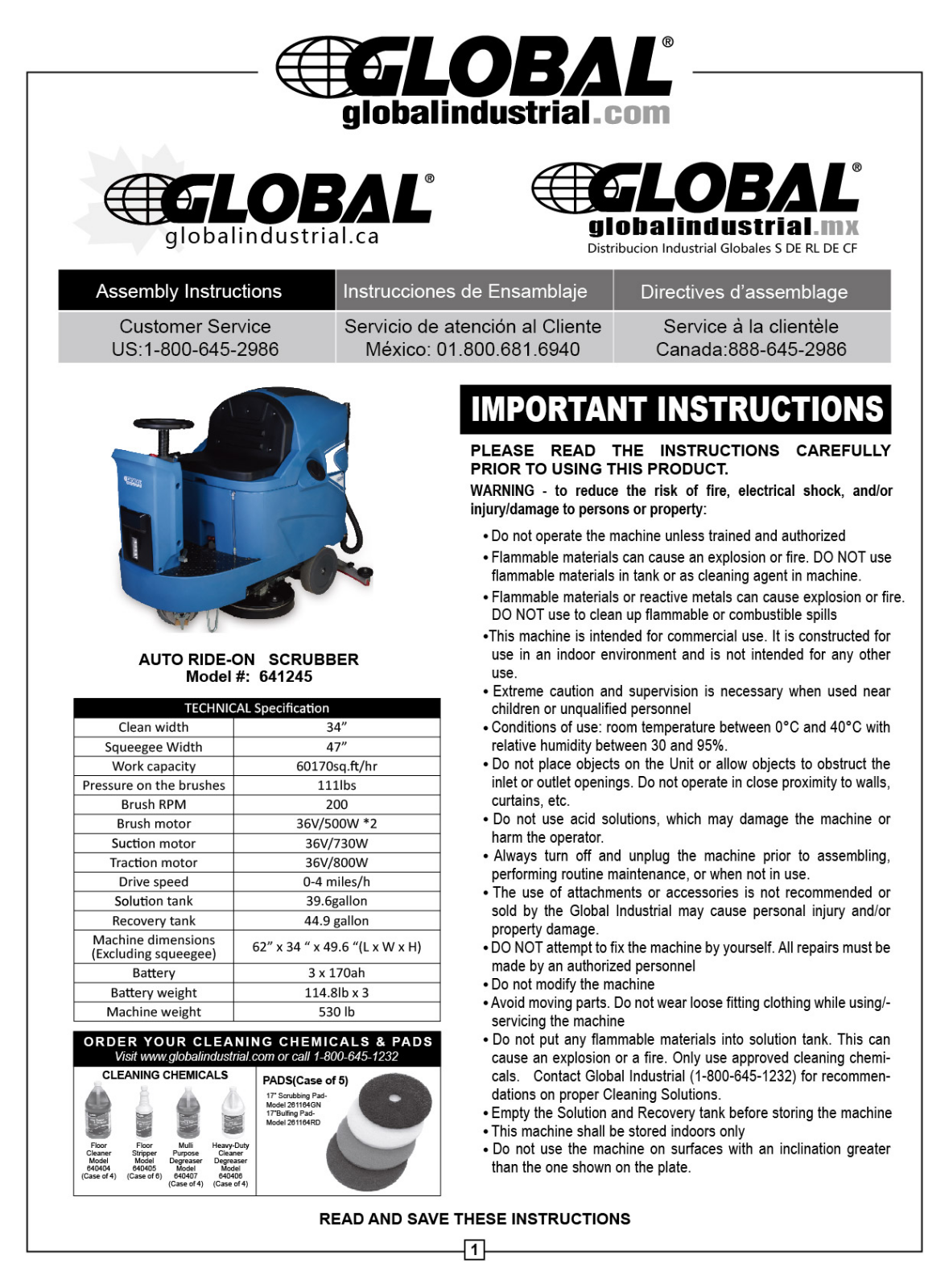 Global Industrial 641245 User Manual