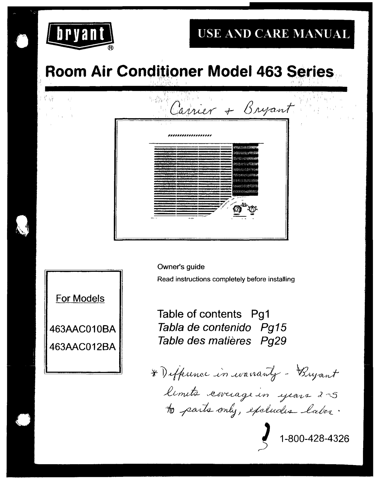 Bryant 463AAC010BA User Manual