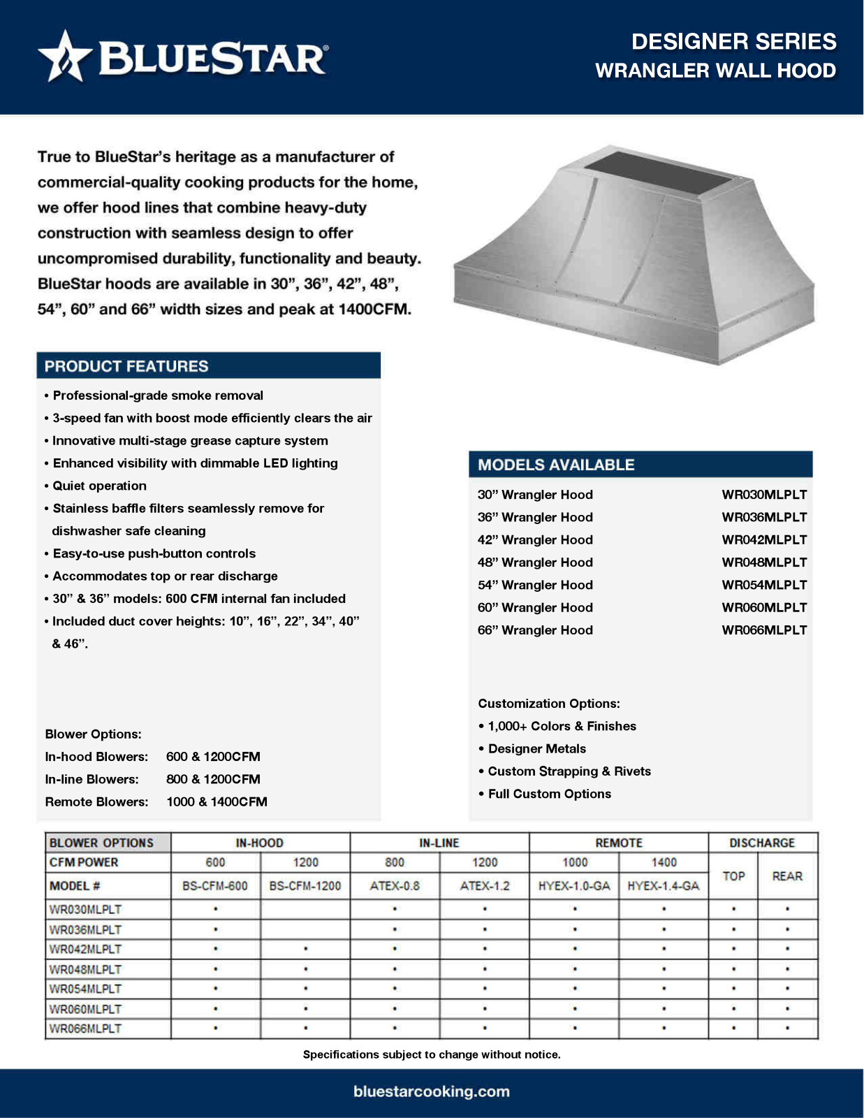 BlueStar WR030MLPLT, WR048MLPLT, WR036MLPLT, WR042MLPLTDC, WR054MLPLT Specs