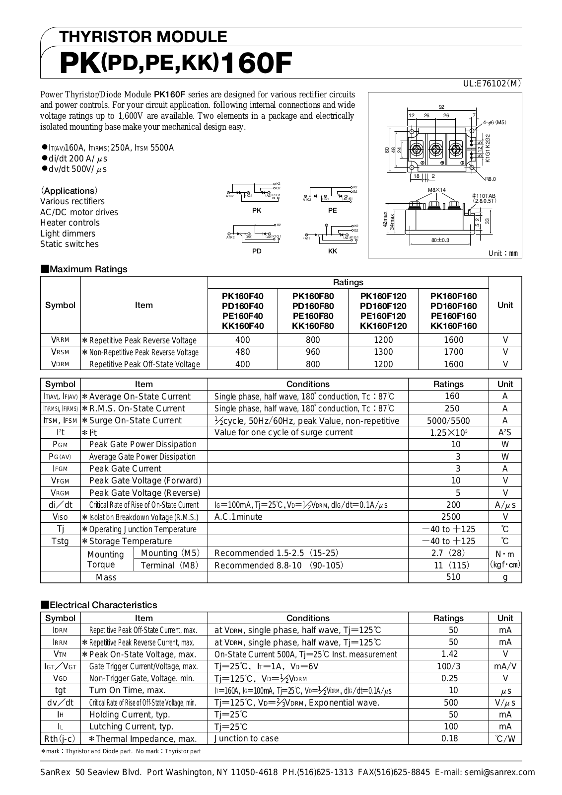 Sanrex-Sansha Electric Manufacturing PK160F, PD160F, PE160F, KK160F Data Sheet