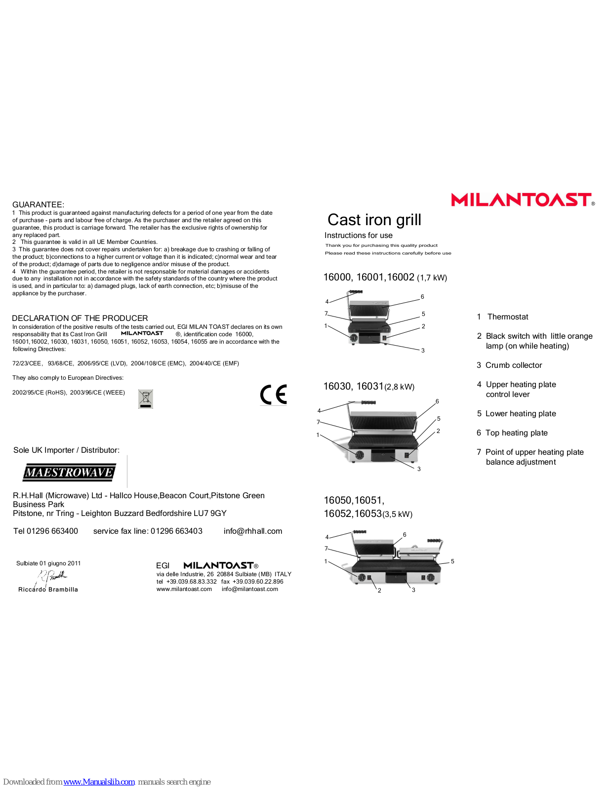 Milantoast 16000, 16001, 16002, 16030, 16031 User Manual