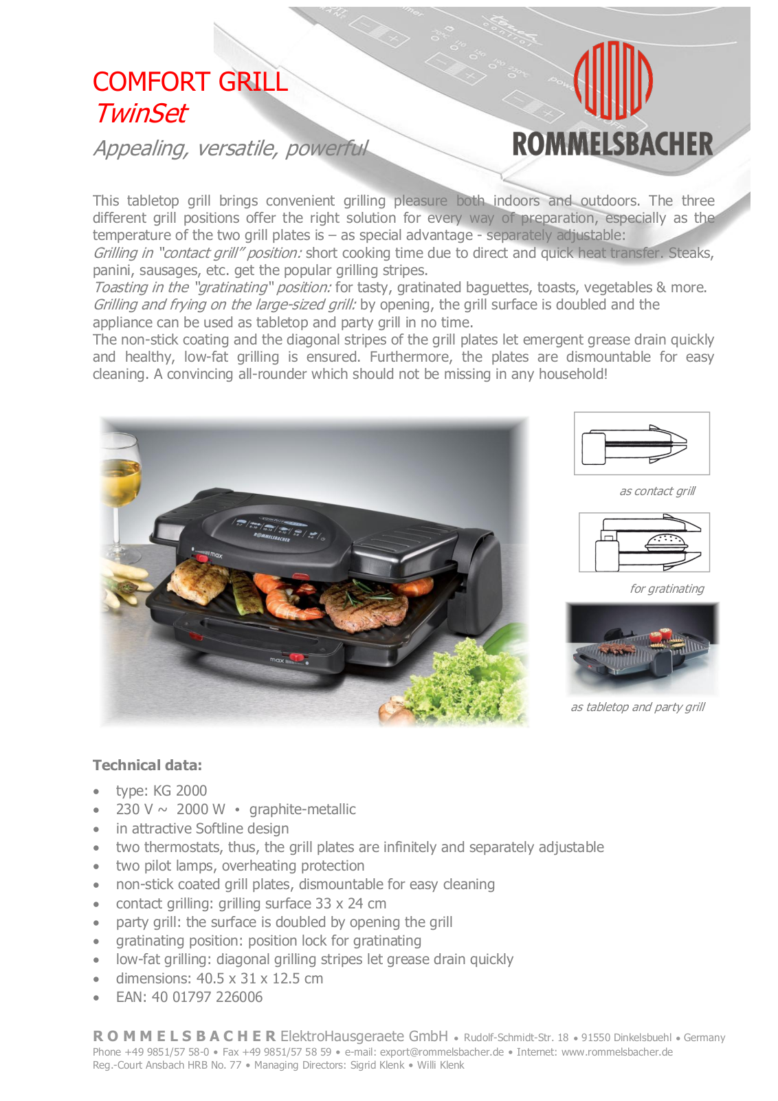 Rommelsbacher KG 2000 Datasheet