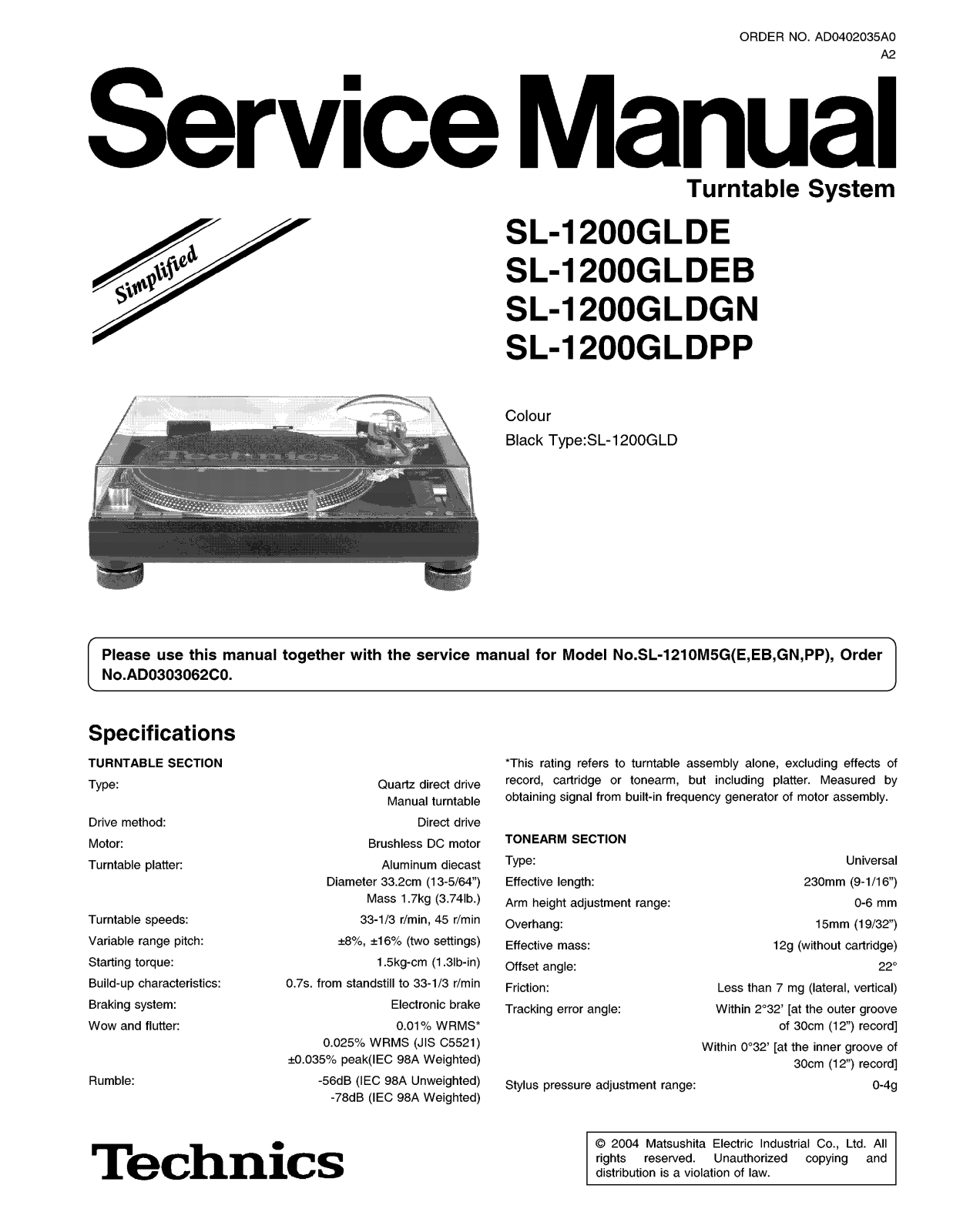 Panasonic SL 1200GL Service Manual