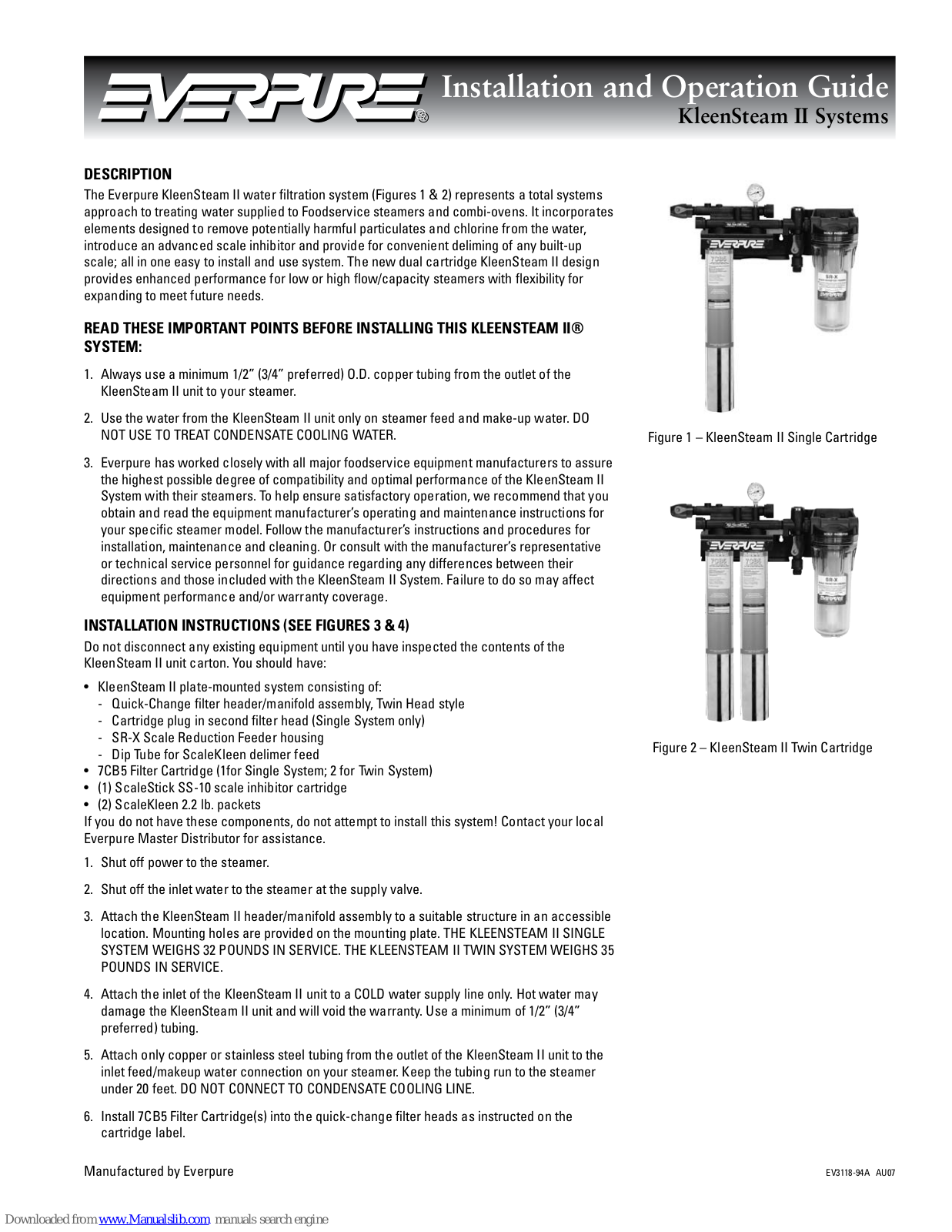 Everpure KleenSteam II Installation And Operation Manual