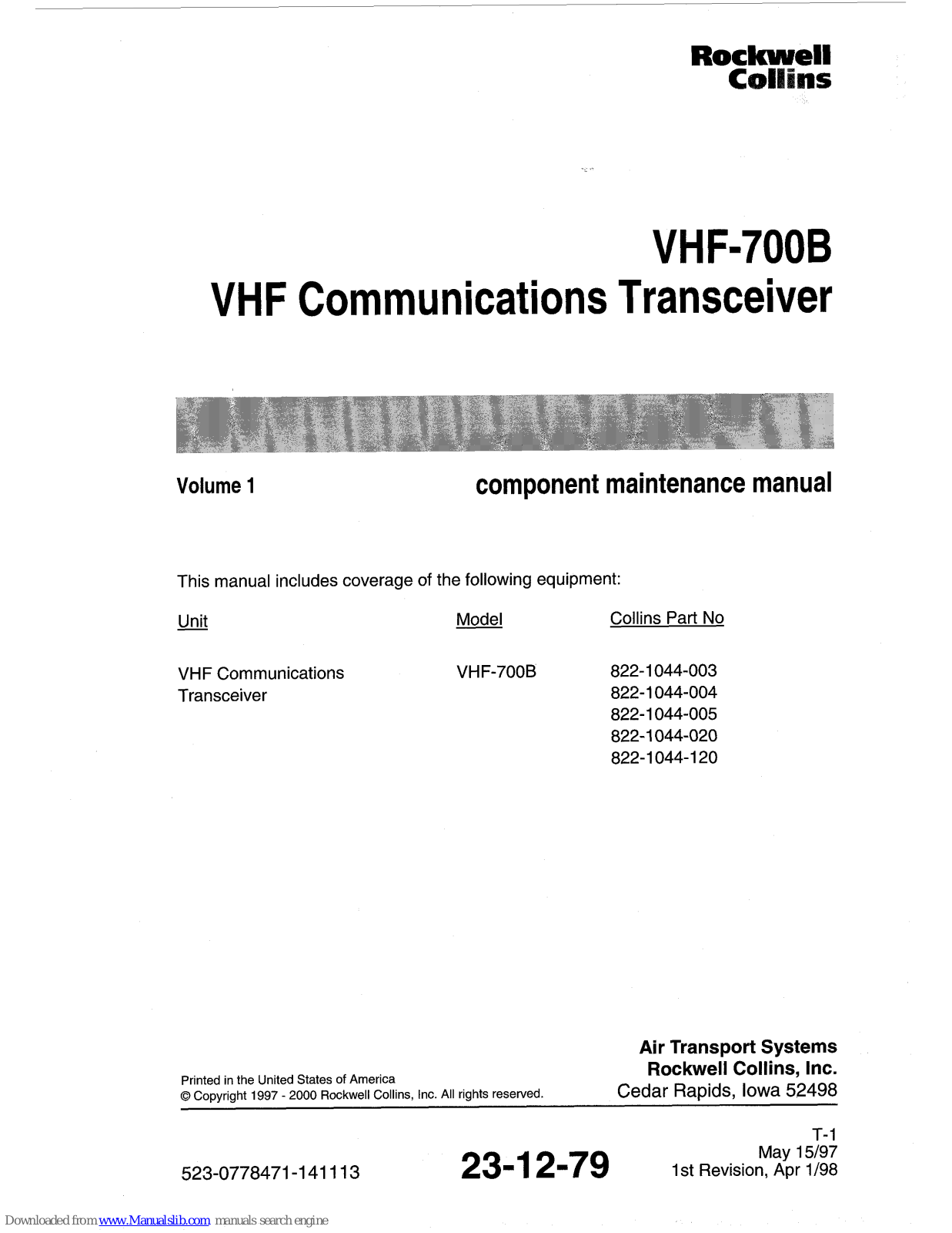 Rockwell Collins VHF-700B Maintenance Manual