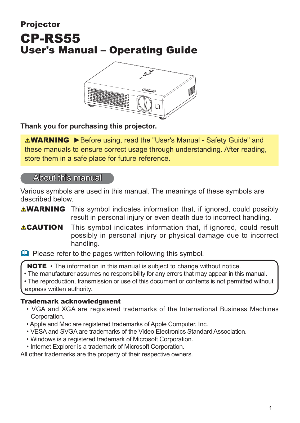 Hitachi CP-RS55, CP-RS55CW User Manual