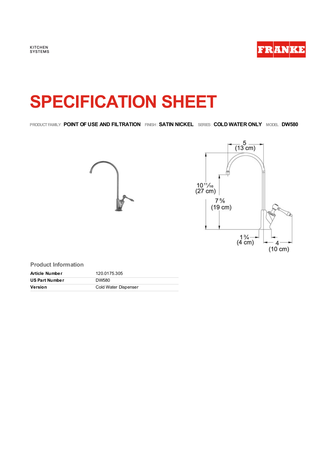 Franke Foodservice DW580 Specification