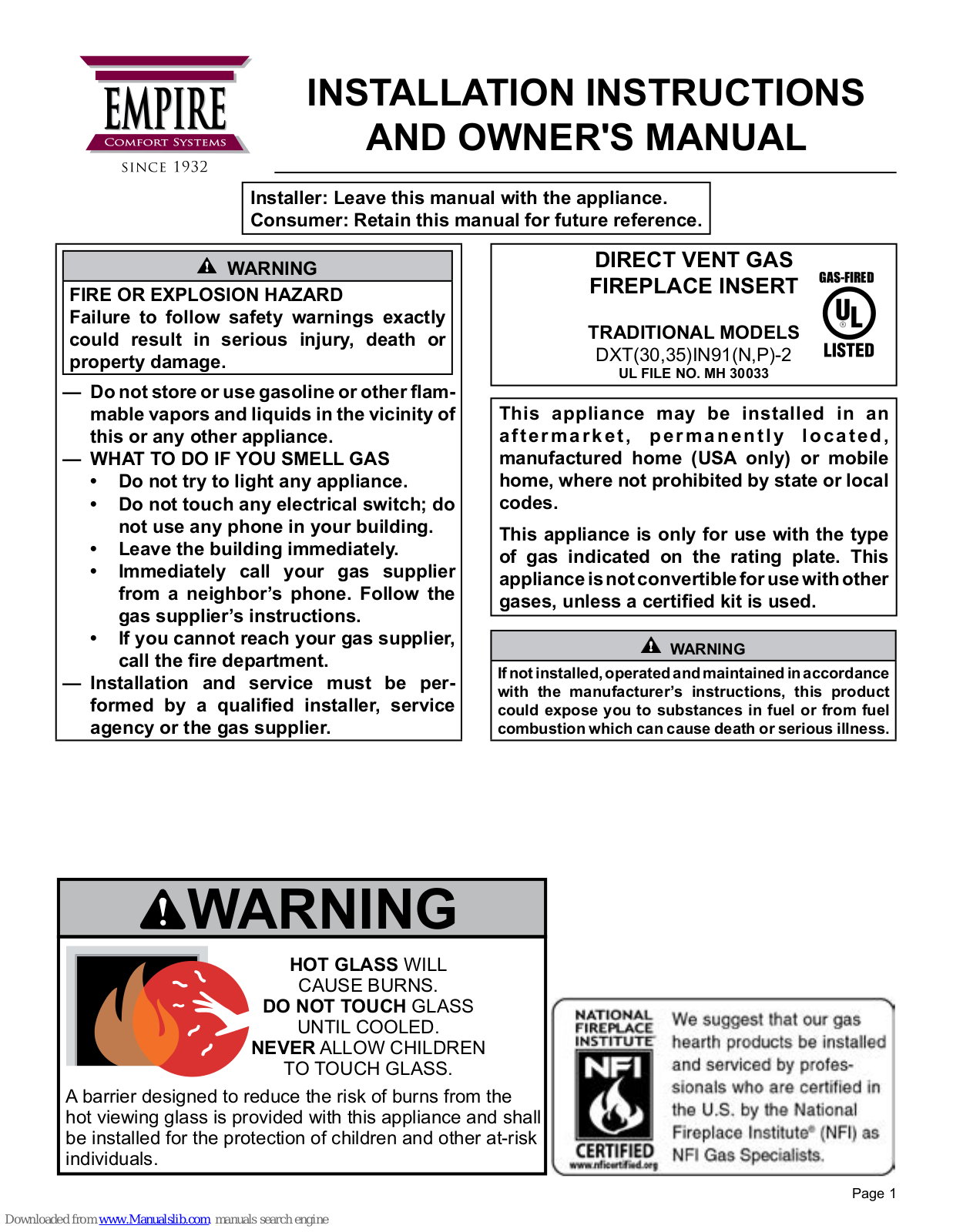 Empire DXT(30, 35)IN91(N, P)-2 Installation Instructions And Owner's Manual