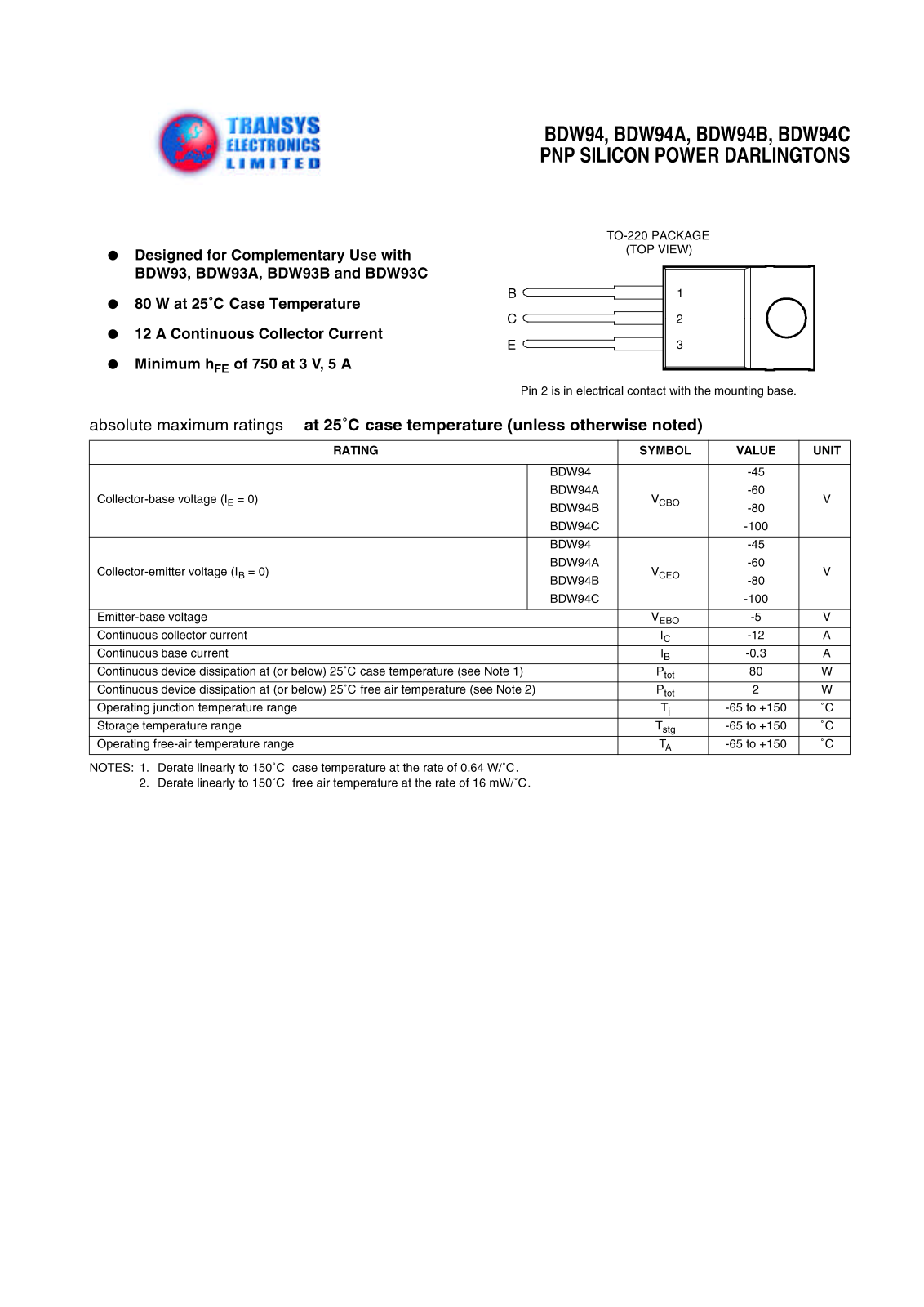 TEL BDW94A, BDW94, BDW94D, BDW94B Datasheet