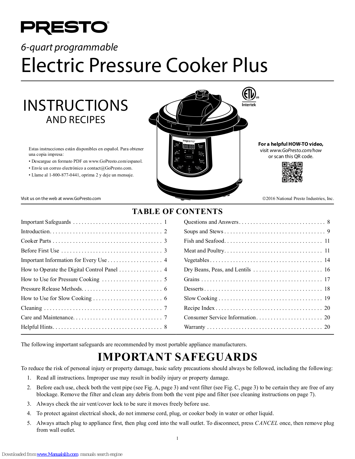 Presto 02141 Instructions Manual