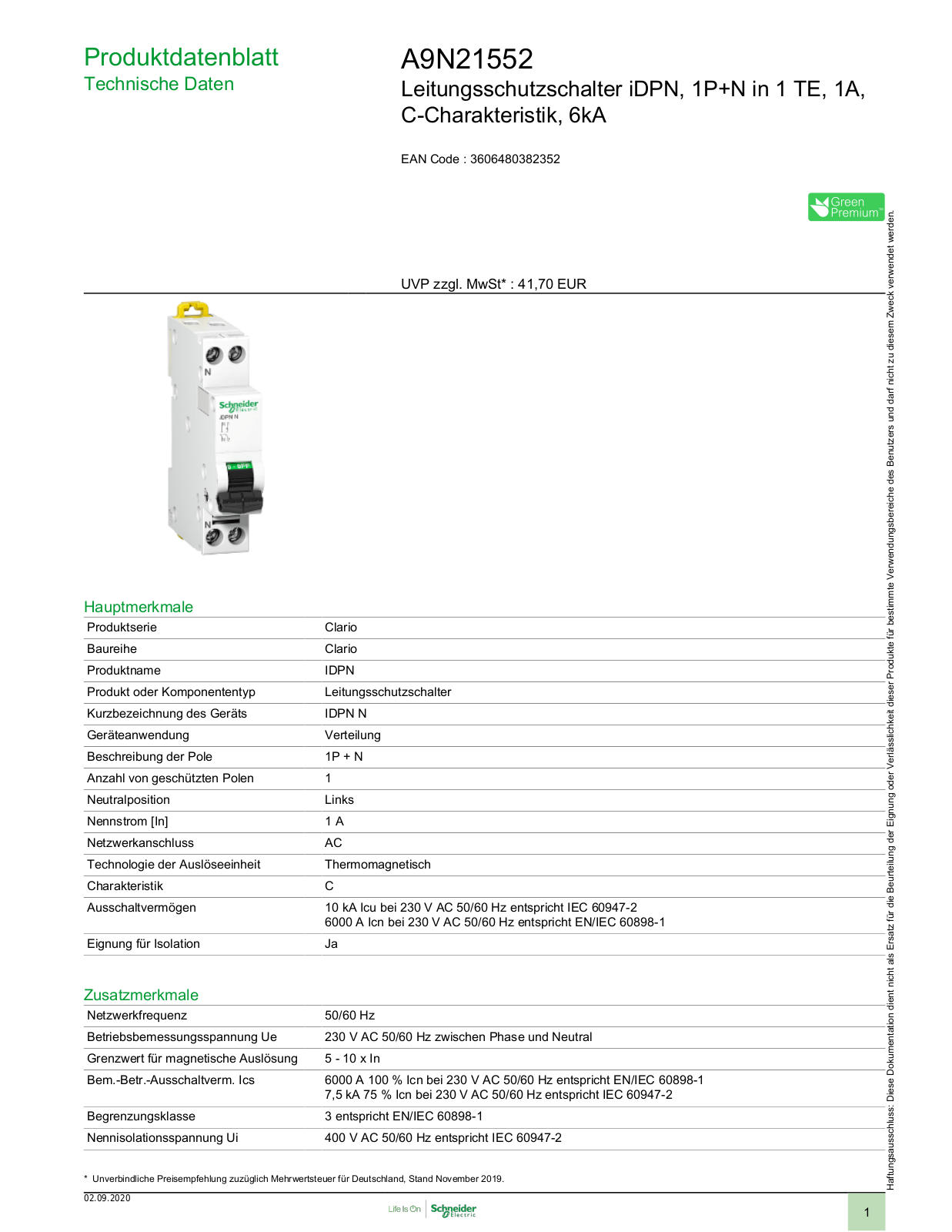 Schneider Electric A9N21552 Technische Daten