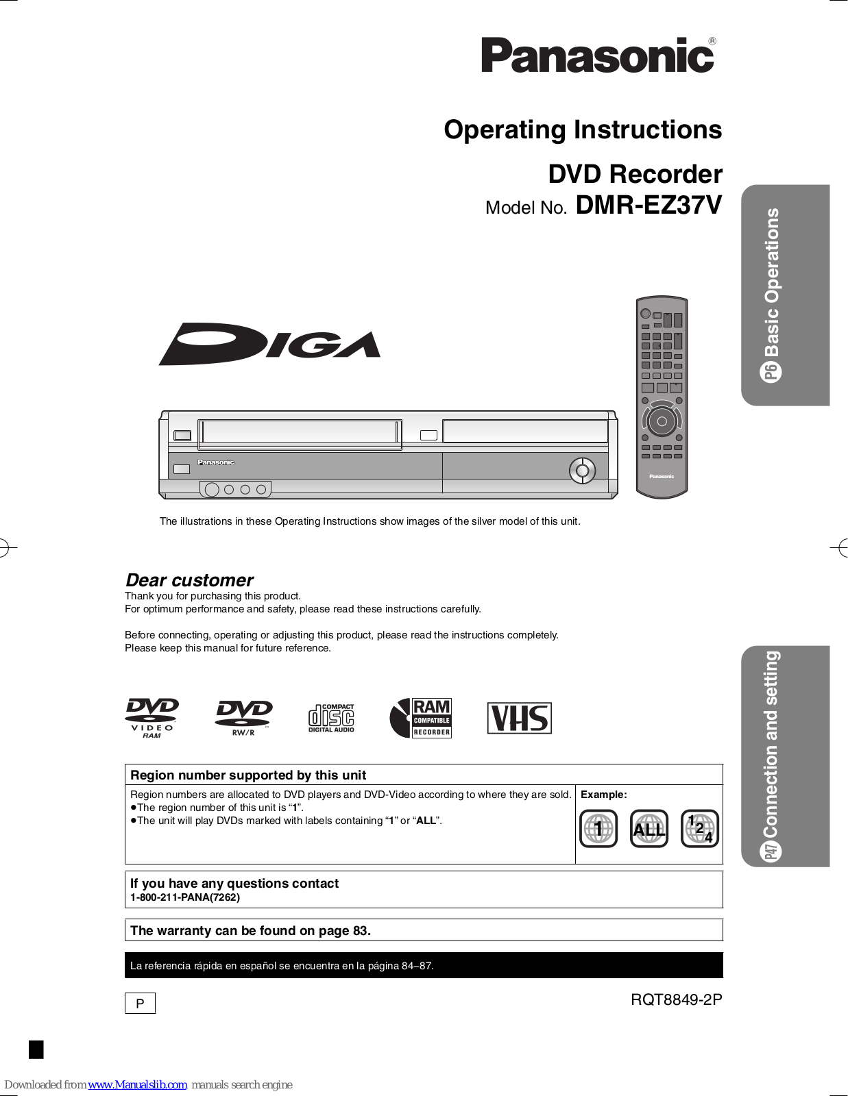 Panasonic Diga DMR-EZ37, Diga DMR-EZ37V, DMR-EZ37VS, EZ37VK - DVDr/ VCR Combo Operating Instructions Manual