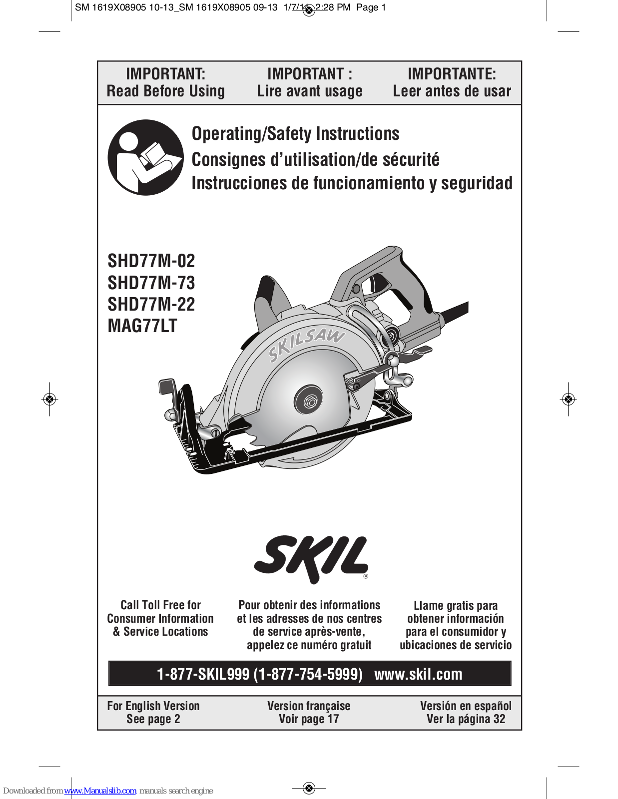 Skil SKILSAW SHD77M-02, SKILSAW SHD77M-73, SKILSAW SHD77M-22, SKILSAW MAG77LT, SHD77-02 Operating/safety Instructions Manual