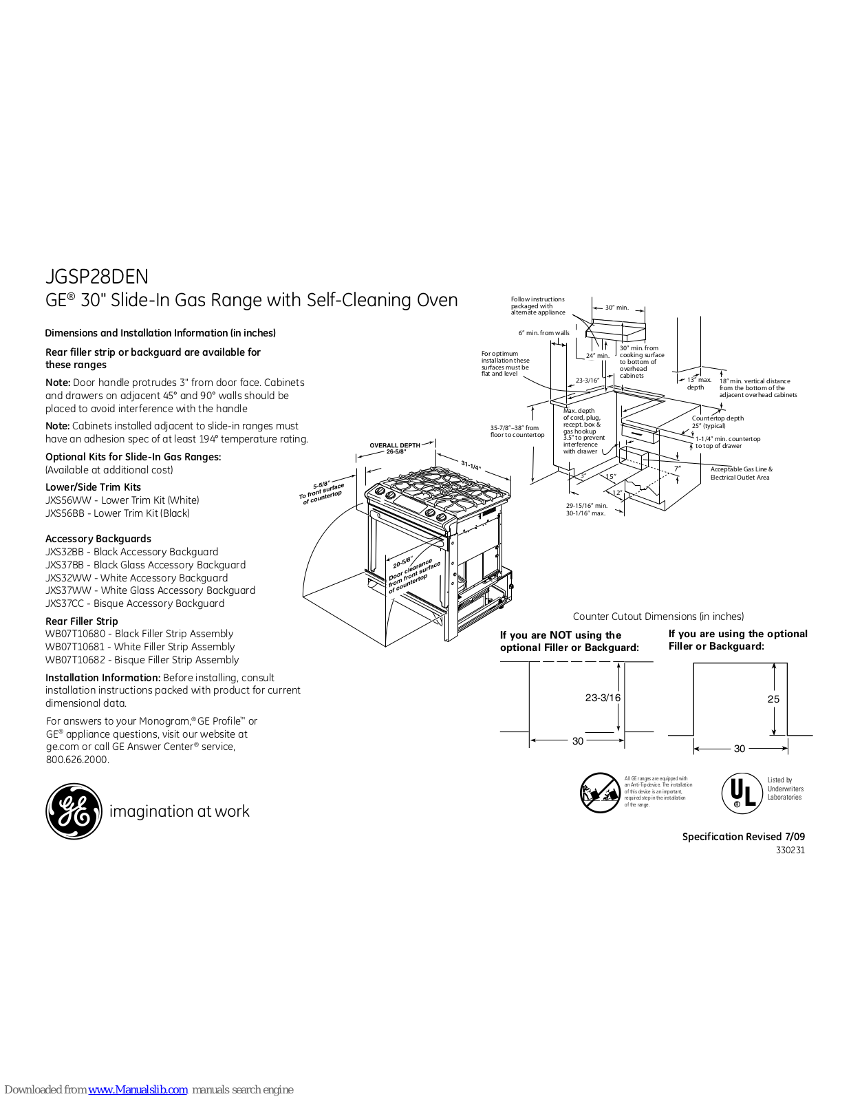 GE JGSP28DENBB, JGSP28DENCC, JGSP28DENWW, JGSP28DEN Dimensions And Installation Information