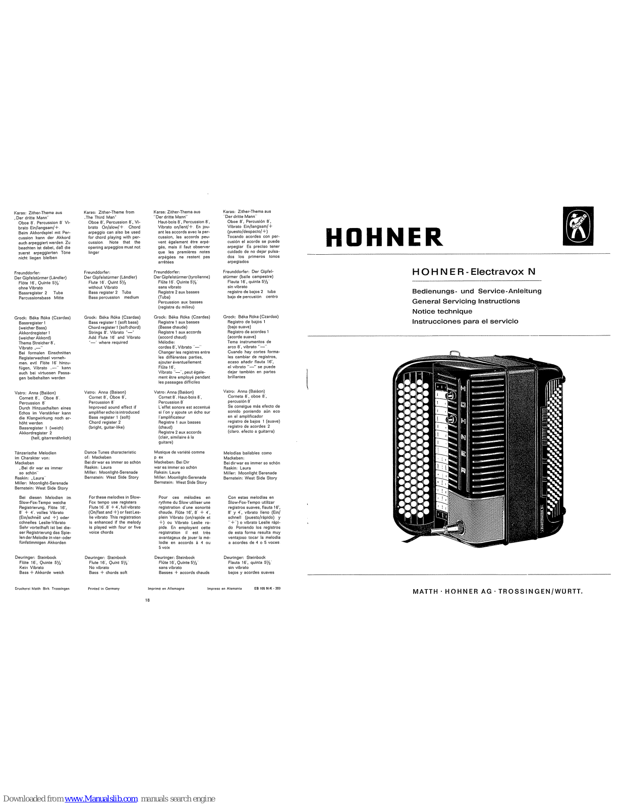 Hohner Electravox N General Service Instructions Manual