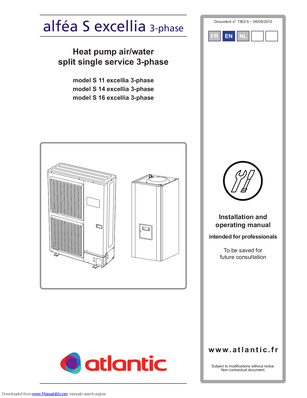 Atlantic alféa S11 excellia 3-phase, WOYK112LAT, WOYK140LAT, WOYK160LAT Installation And Operating Manual