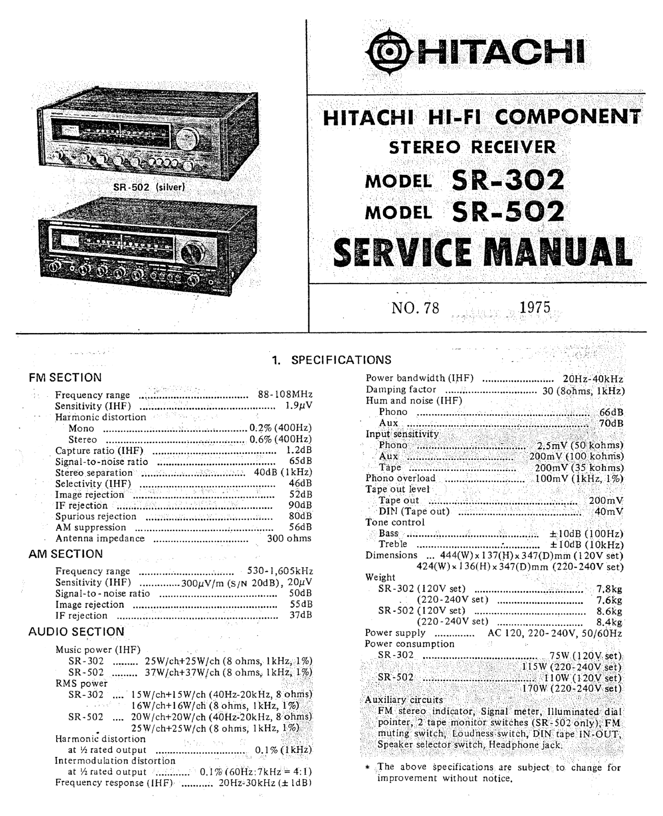 hitachi sr 302, sr 502 Service Manual