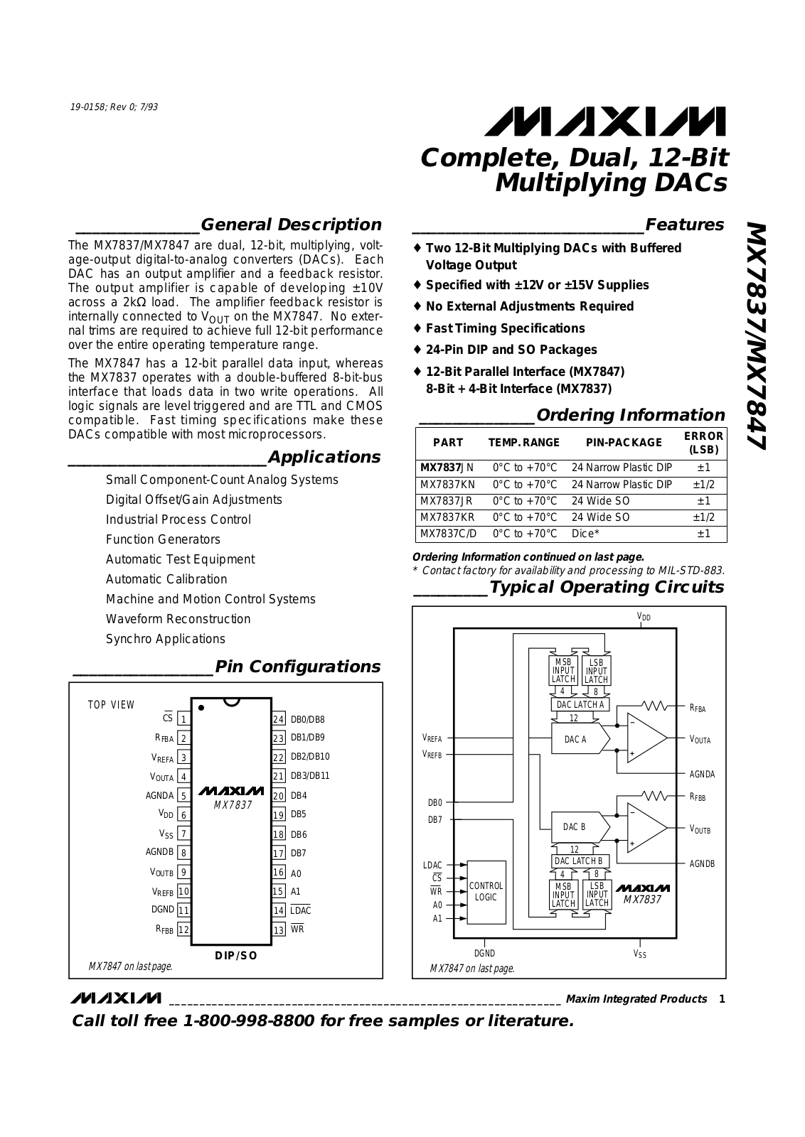 Maxim MX7837AN, MX7837AQ, MX7837AR, MX7837BN, MX7837BQ Datasheet