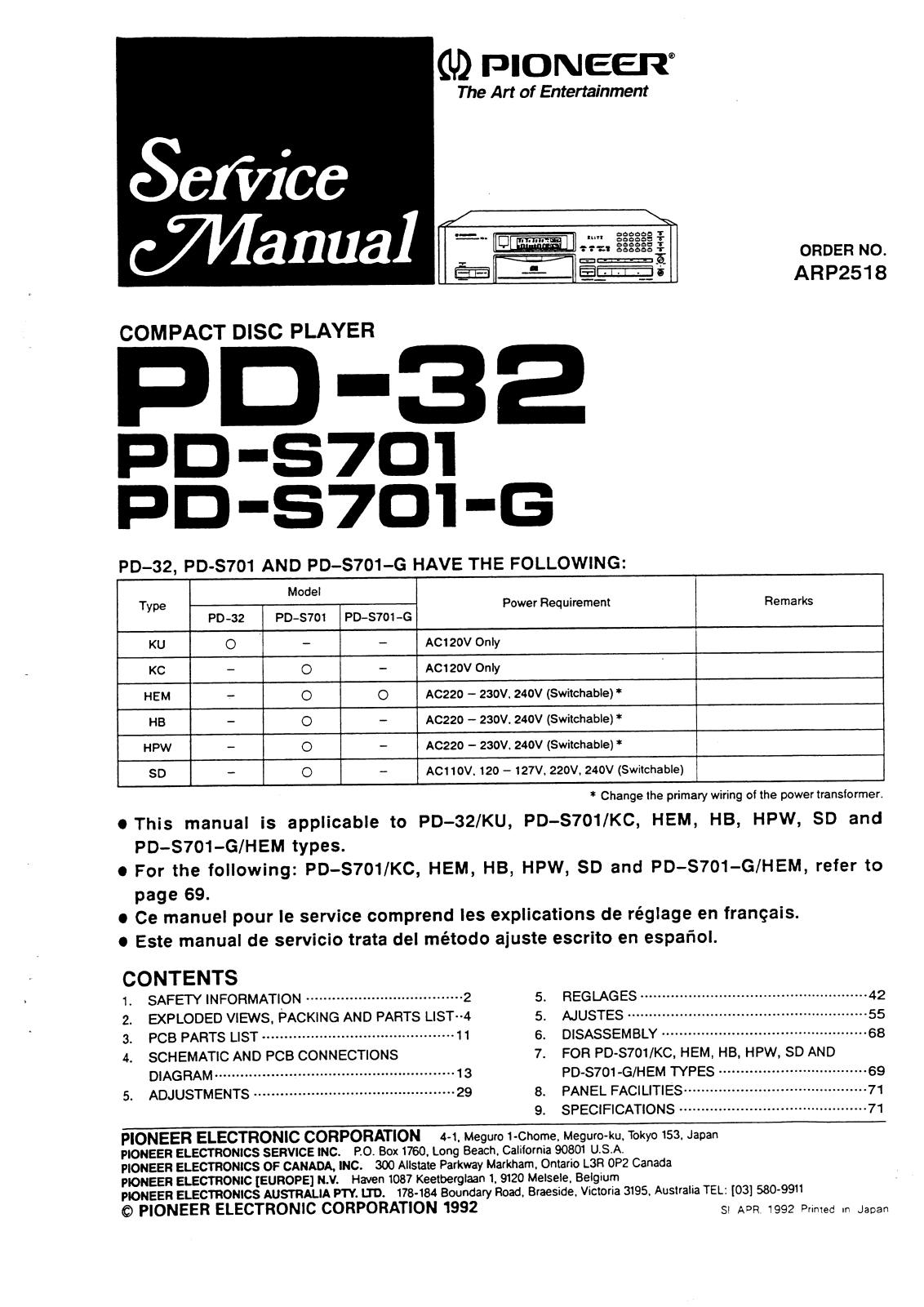 Pioneer PD-32, PDS-701, PDS-701-SG Service manual