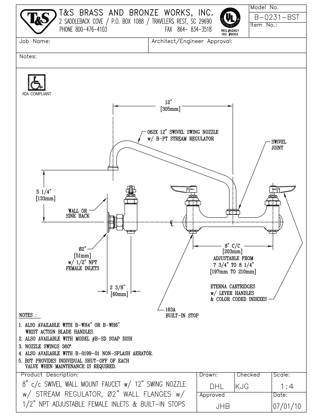 T & S Brass & Bronze Works B-0231-BST General Manual