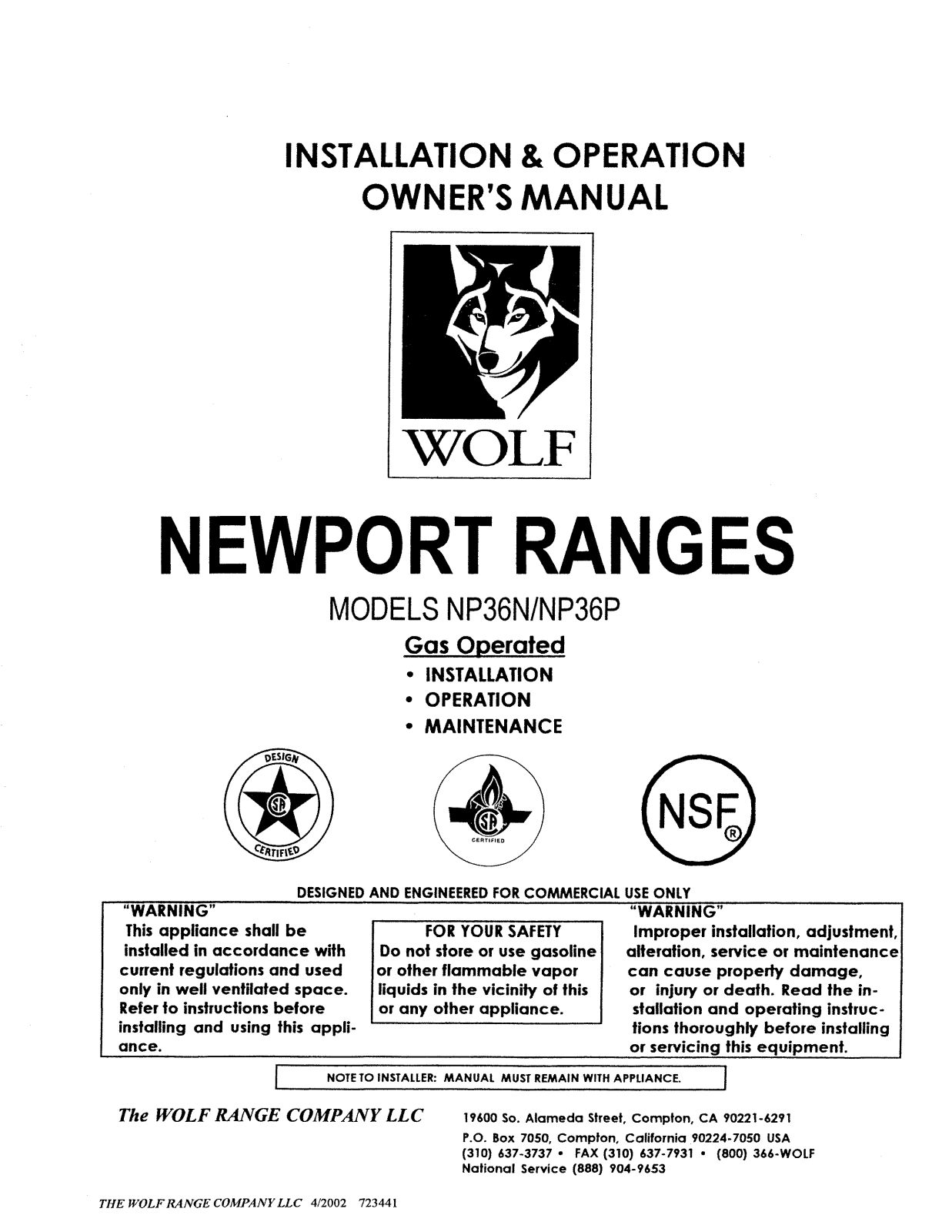 Wolf NP36P Installation  Manual