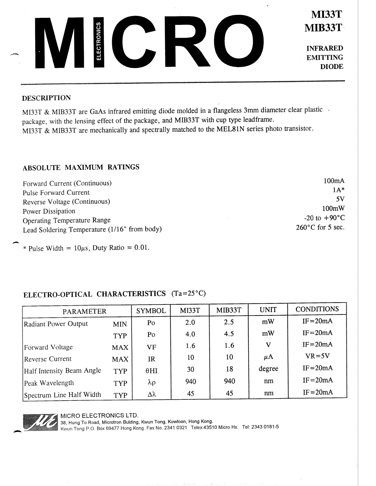 MICRO MI33T, MIB33T Datasheet