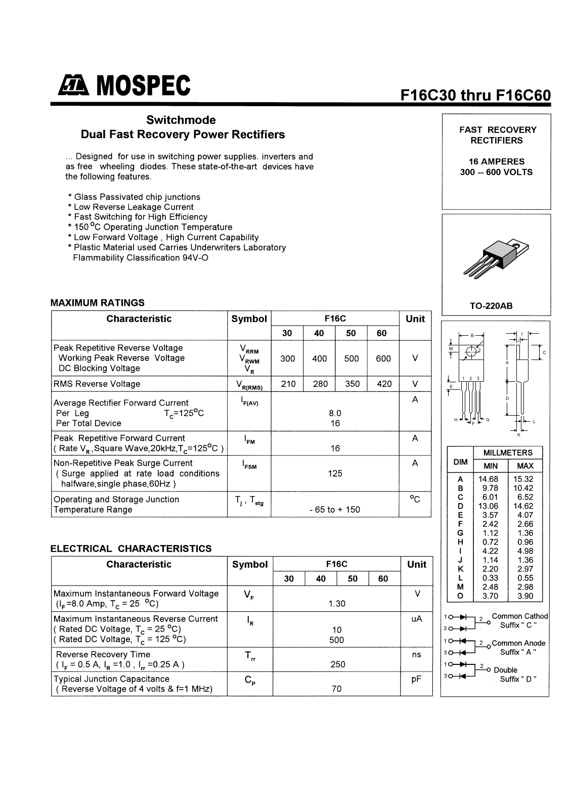 MOSPEC F16C40, F16C60, F16C50, F16C30 Datasheet