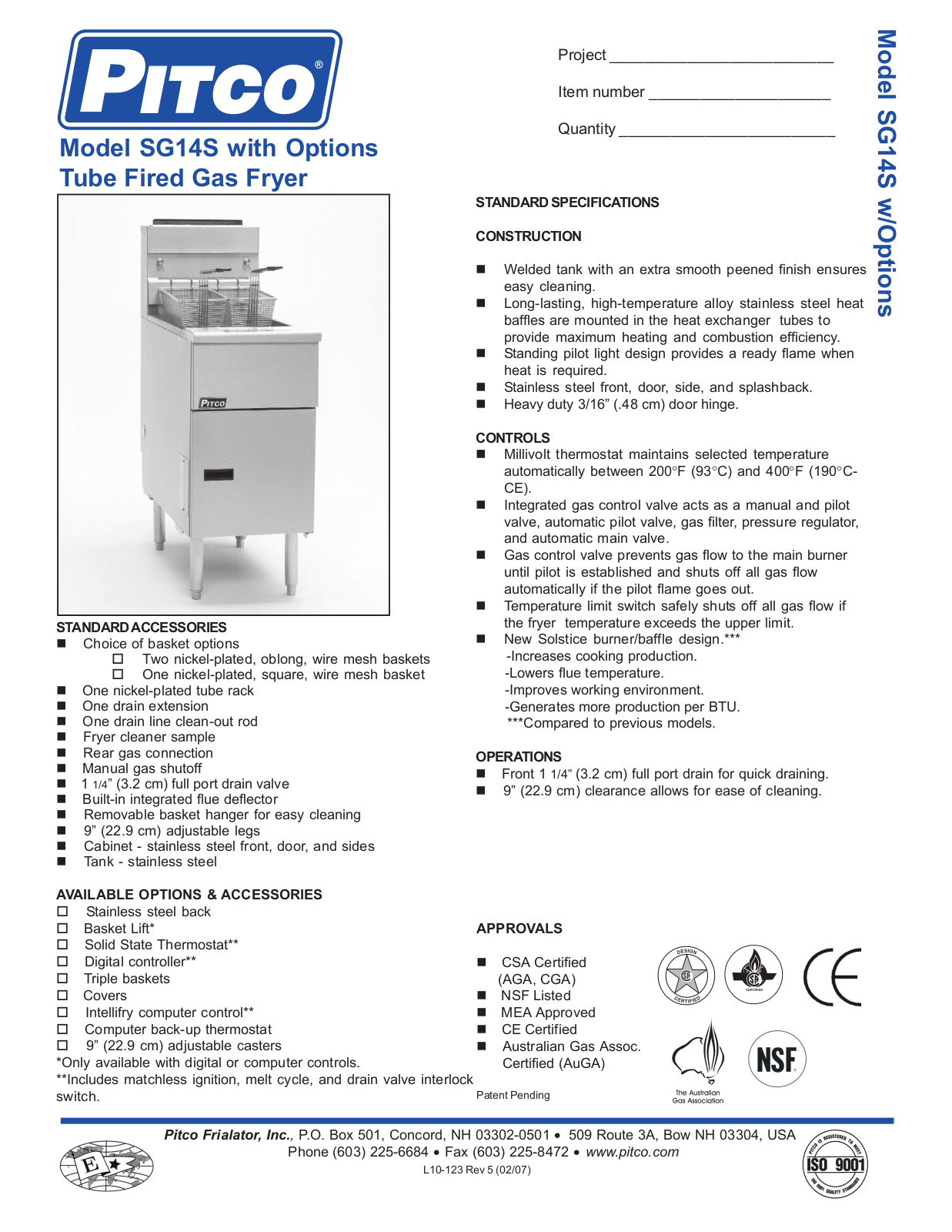 Pitco Sg14s Specification Data